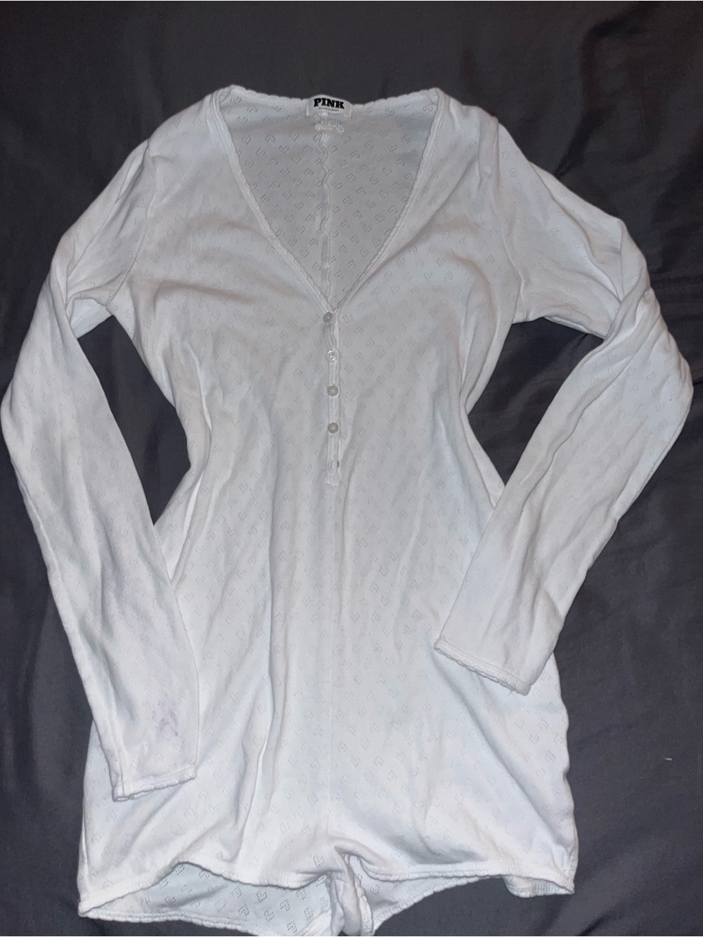 PINK Victoria's Secret Women's White Long-Sleeve Henley Romper pajama hearts